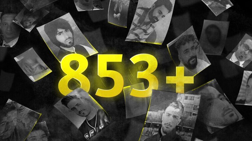 colague con fotos de personas ejecutadas y la cifra de 853