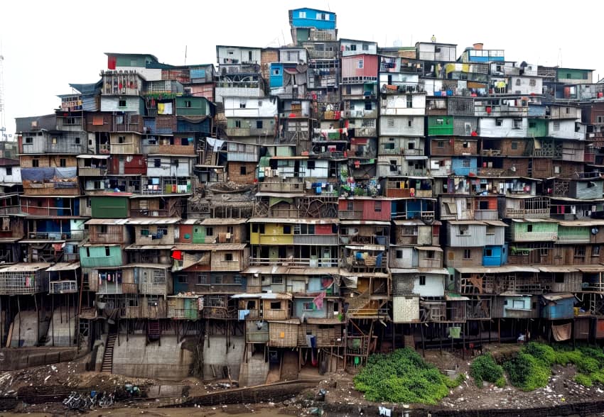 Asentamiento urbano con viviendas hacinadas y precarias, reflejo de la desigualdad y de la vulneración del derecho humano a una vivienda adecuada.