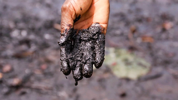Foto auténtica de una mano manchada de petróleo por los vertidos incontrolados de la empresa Shell, denunciados por ONG como Greenpeace o Amnistía Internacional.