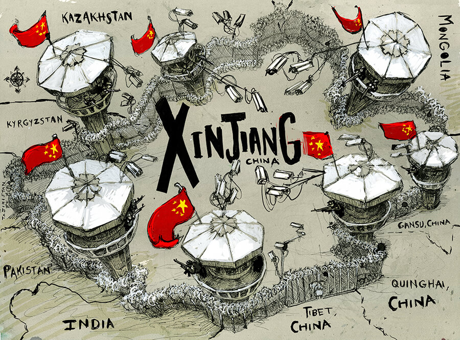 Mapa dibujado de Xinjiang con muros de seguridad externos y torres de vigilancia. 