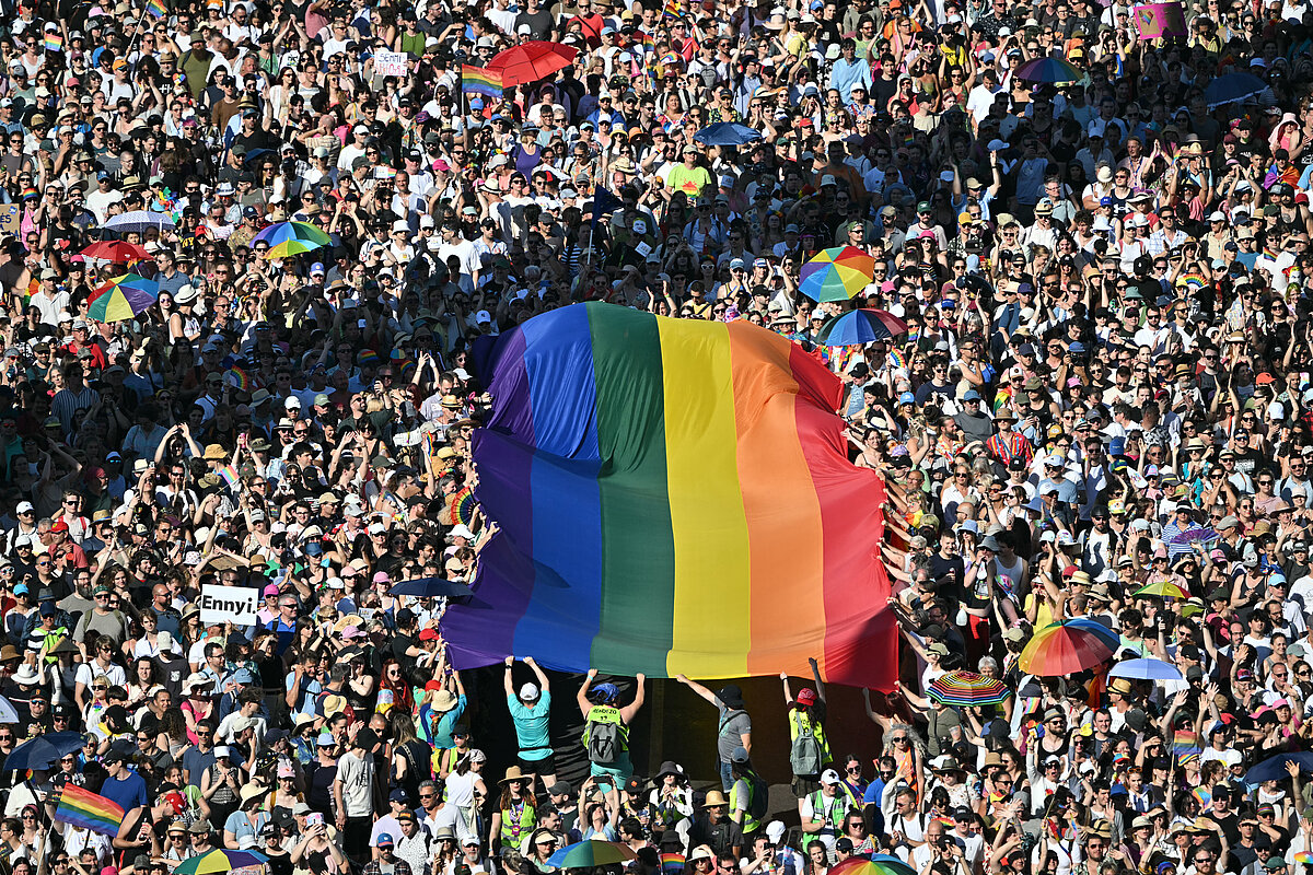 Bandera del Orgullo en una marcha