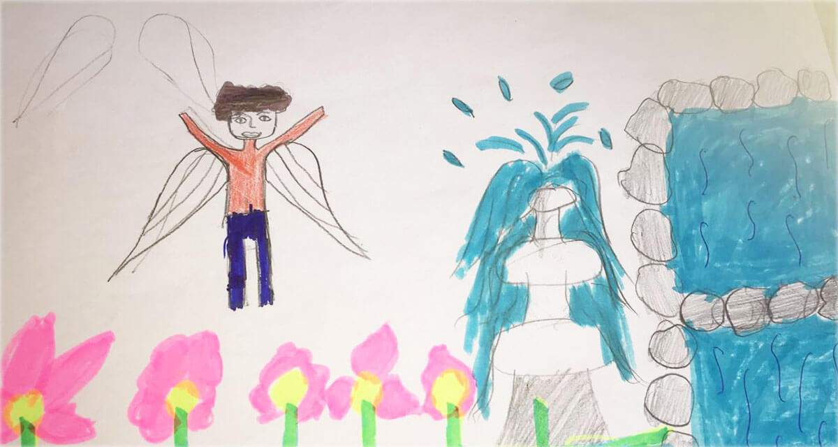 Dibujo de Ahmed con alas volando a casa hecho por su hija.