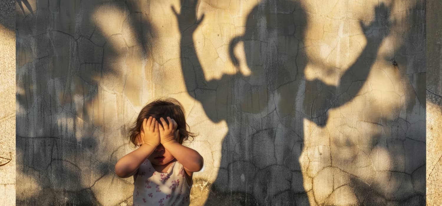 Niña pequeña se tapa los ojos mientras una sombra amenazante se proyecta en la pared, representación simbólica de la violencia vicaria.