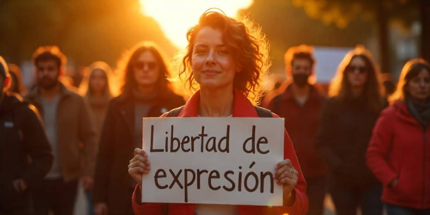 Imagen de una mujer con un cartel que pone "Libertad de Expresión". Imagen generada con IA